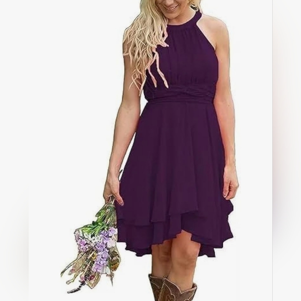 Dymaisei Halter Short Bridesmaid Dresses for Women Chiffon A Line Ruffle Dress